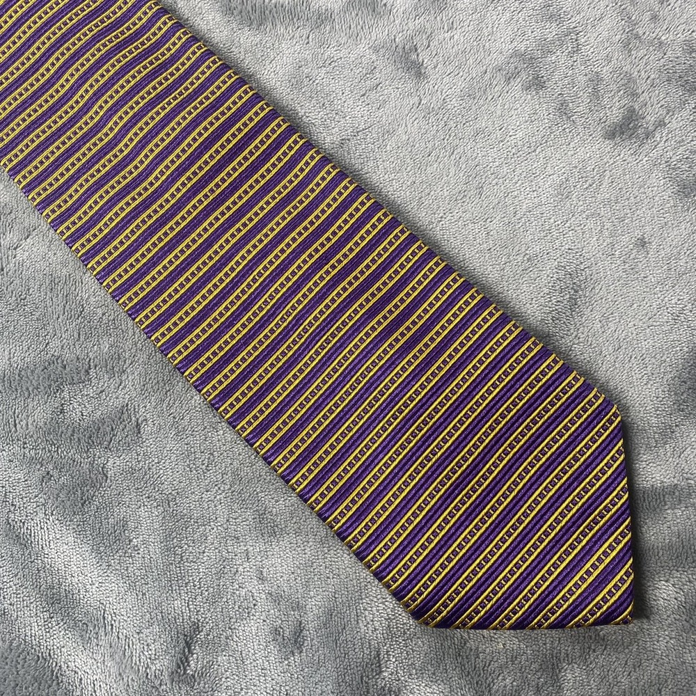 Fratelli Tie Mens One Size Purple Yellow Striped 100% Silk Made Italy Handmade